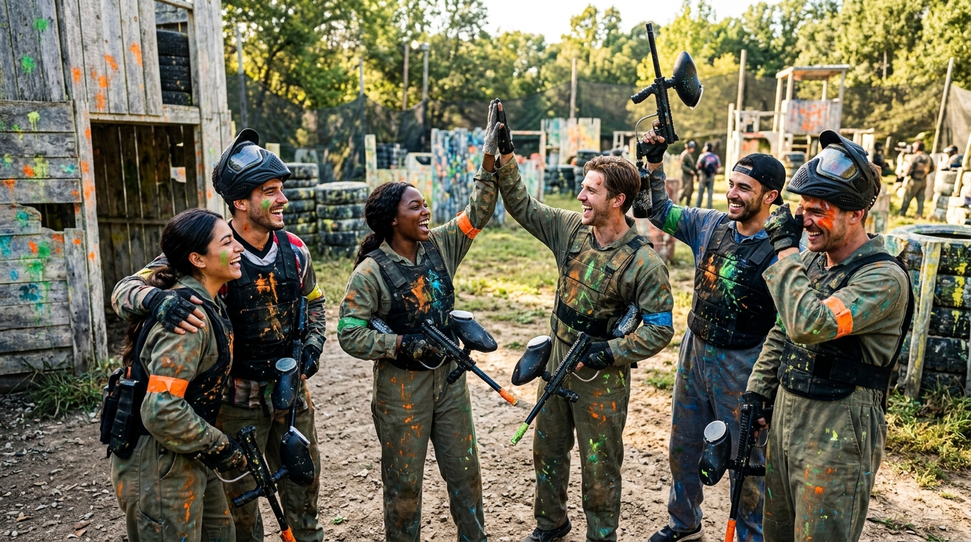 Equipe de amigos comemorando após jogo de paintball